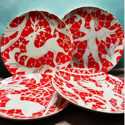 Vintage Wisteria Red White Plates Cherub Floral Lace Patterns Set of 4 Holiday