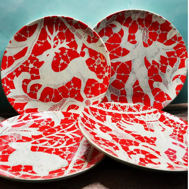 Vintage Wisteria Red White Plates Cherub Floral Lace Patterns Set of 4 Holiday