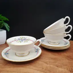 Set of 4 Lenox Belvidere Blue Flowers Pink Ribbons Tea Cups & Saucers USA S-314