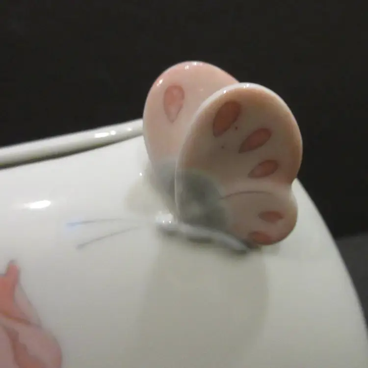 VINTAGE Porcelain Flower Bud Vase w/ Pink Iris & Applied Butterfly - Japan 1960s