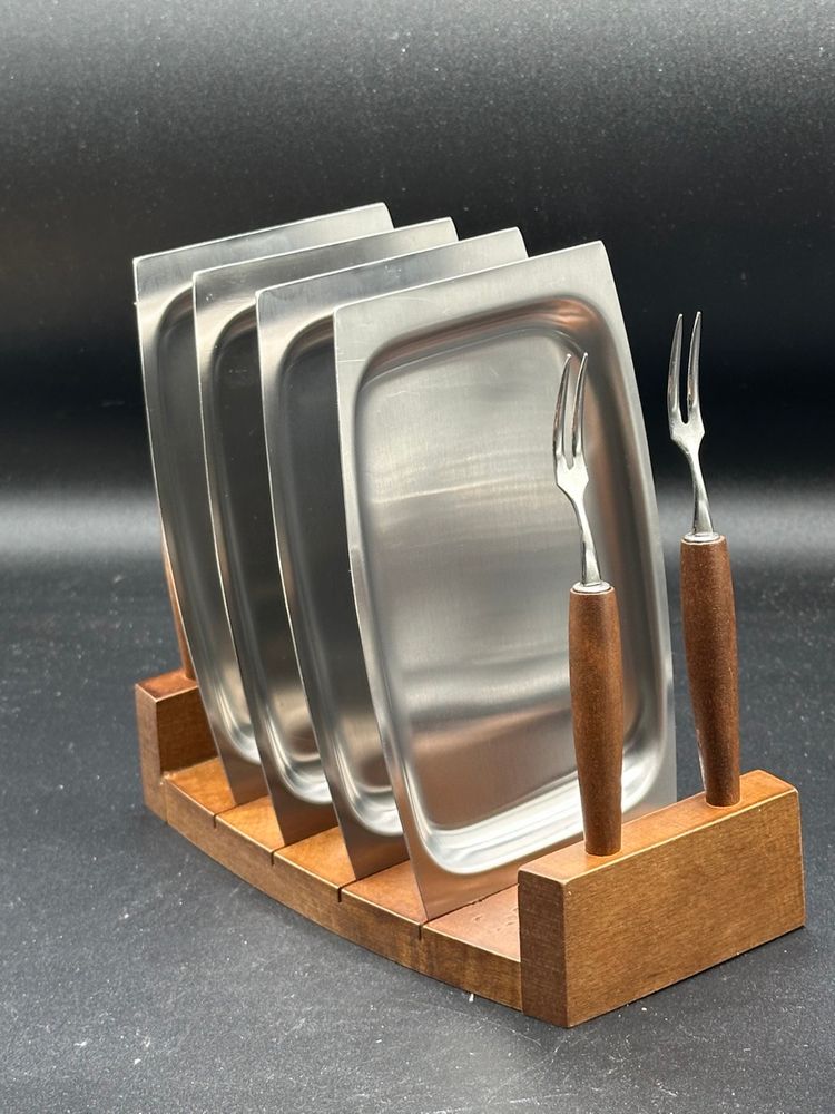 1960s Mid Century Modern Appetizer Wood Stainless Hors D 'oeuvre Set Japan NOS