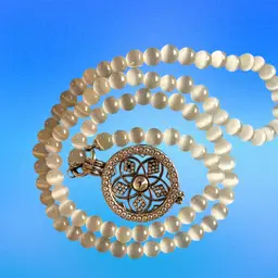 White  Cat Eye Glass Bead  Necklace With Circle Silver Tone   Dimensional Pendant With Star Shape In Inside  Length 31 Inches.