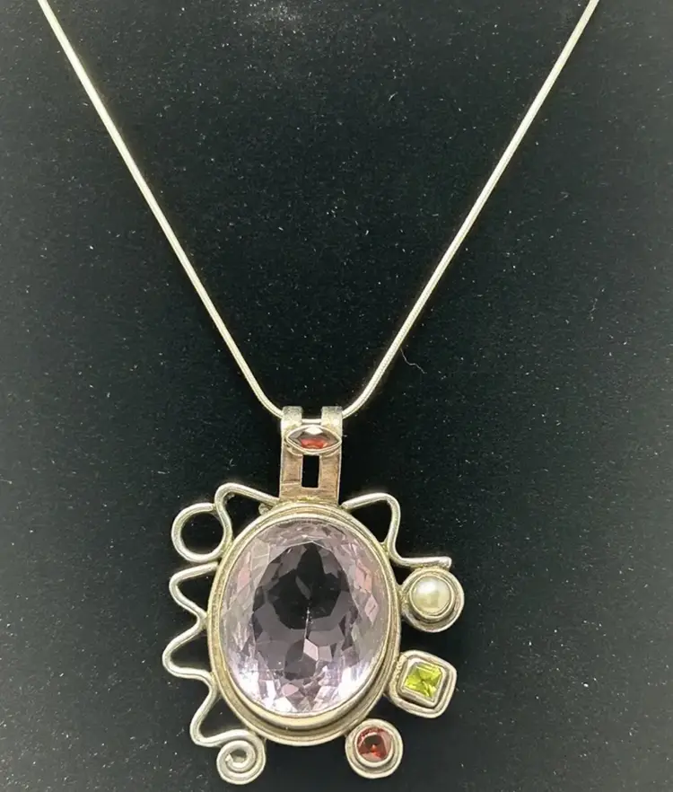 Sterling Silver Amethyst Pendant 22”  Necklace. 