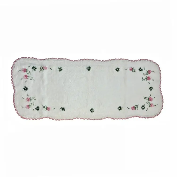 Embroidered Linen Dresser Scarf Runner Crochet Lace Edge Floral Shamrock Vintage