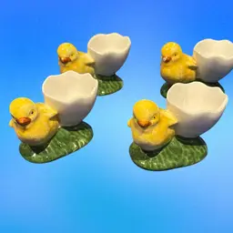Set Of Four Bordallo Pinheiro Easter Chick Egg Cups - Portugal* One Chick Has Chip On Beak
