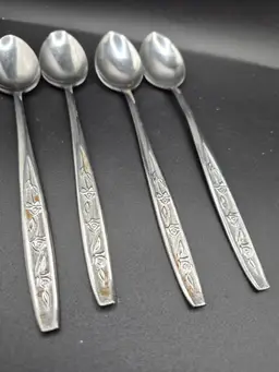 Set Of Four Riviera Customcraft EKCO Stainless Steel IcedTeaspoons Floral Design
