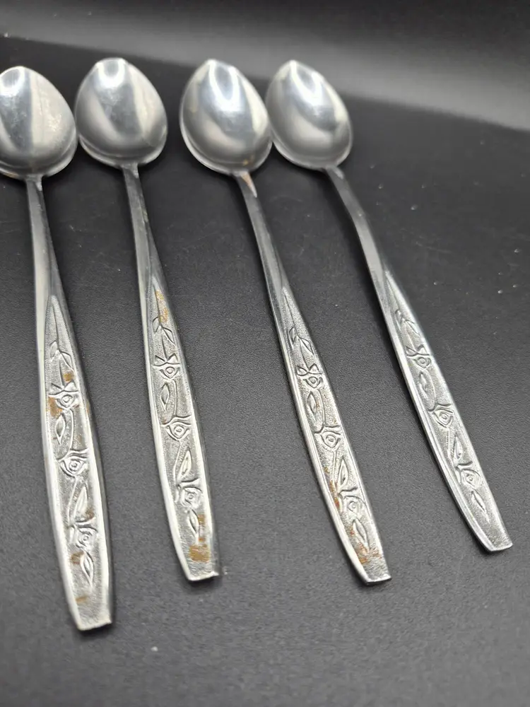 Set Of Four Riviera Customcraft EKCO Stainless Steel IcedTeaspoons Floral Design