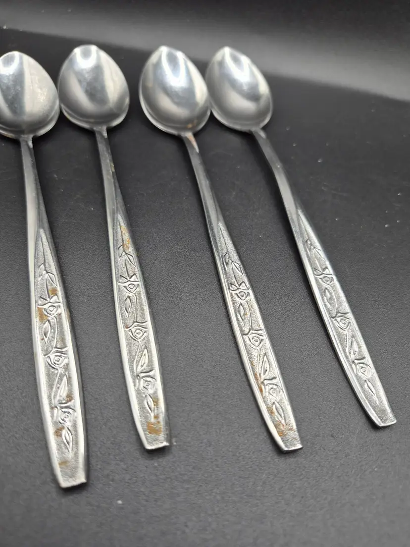 Set Of Four Riviera Customcraft EKCO Stainless Steel IcedTeaspoons Floral Design