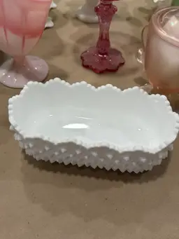 035. Fenton White Milk Glass Hobnail Scallop Top Oval Dish