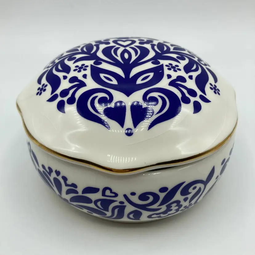 San Francisco Music Box Co Porcelain Blue White Gold Floral Trinket Box with Lid 4.5"