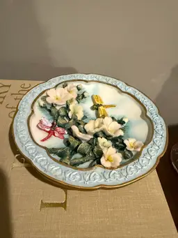 2001 Hand Painted 3D Raised Floral Decorative Wall Plate with Dragonflies