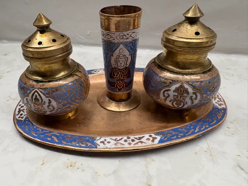 Vintage Persian Brass Blue Enamel Salt&Pepper Shakers w/ Toothpick Holder & Tray