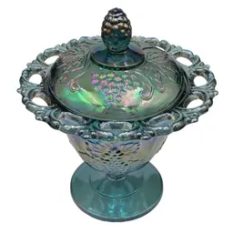 Vintage Colony (Indiana Glass) Harvest Carnival Blue Candy Dish w/Lid, Open Lace