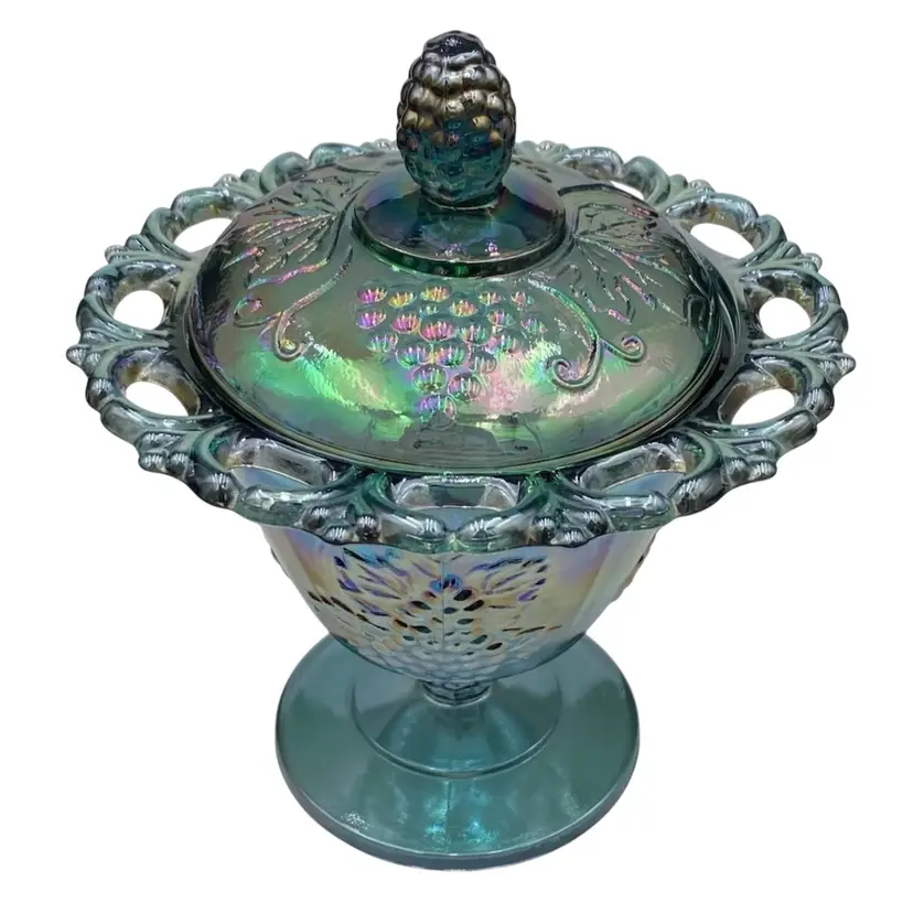 Vtg. Colony (Indiana Glass) Harvest Carnival Blue Candy Dish w/Lid, Open Lace