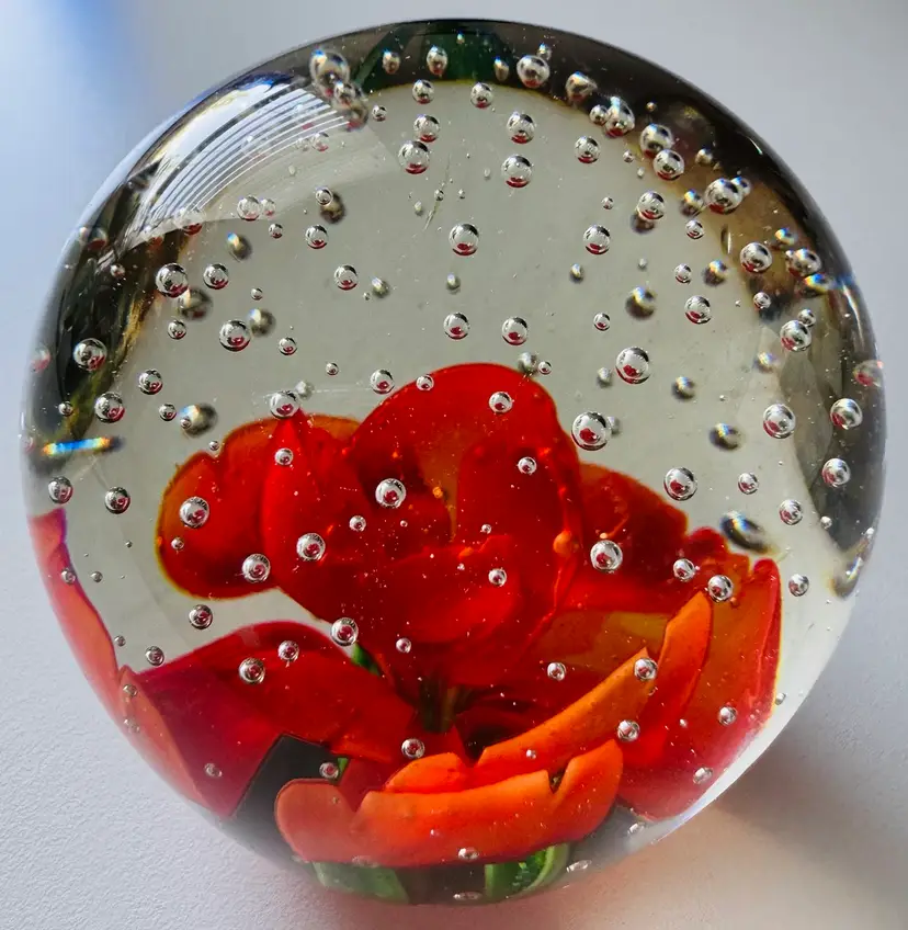 Vintage Bubble Paperweight With Red Flower