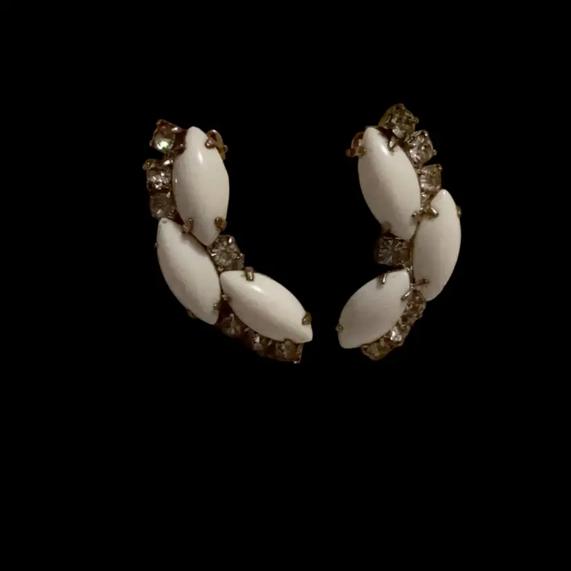 Vintage Clip On Earrings, Opaque Milk, Glass, And Rhinestone Clip On Earrings