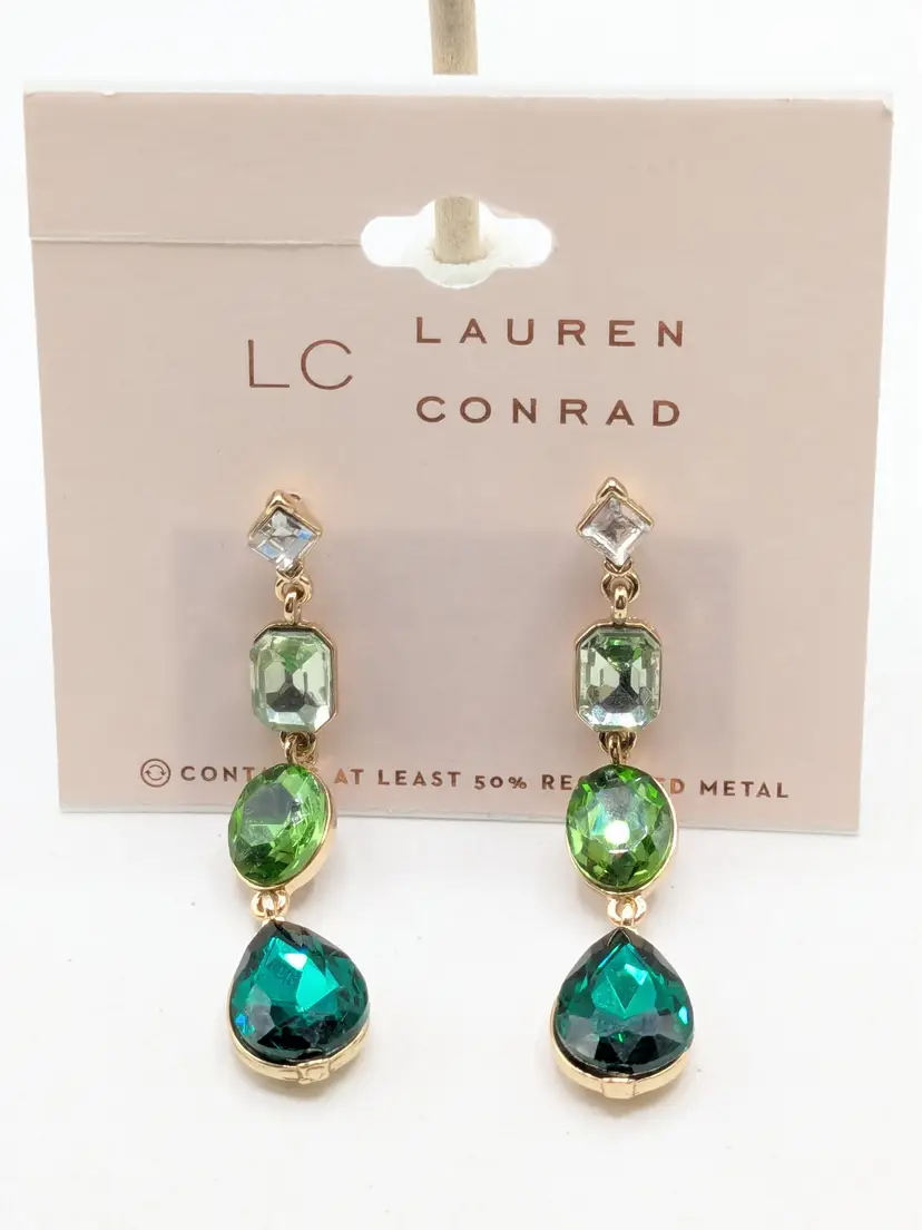 Lauren Conrad Shades of Green Rhinestone Drop Gold Tone Earrings NWT