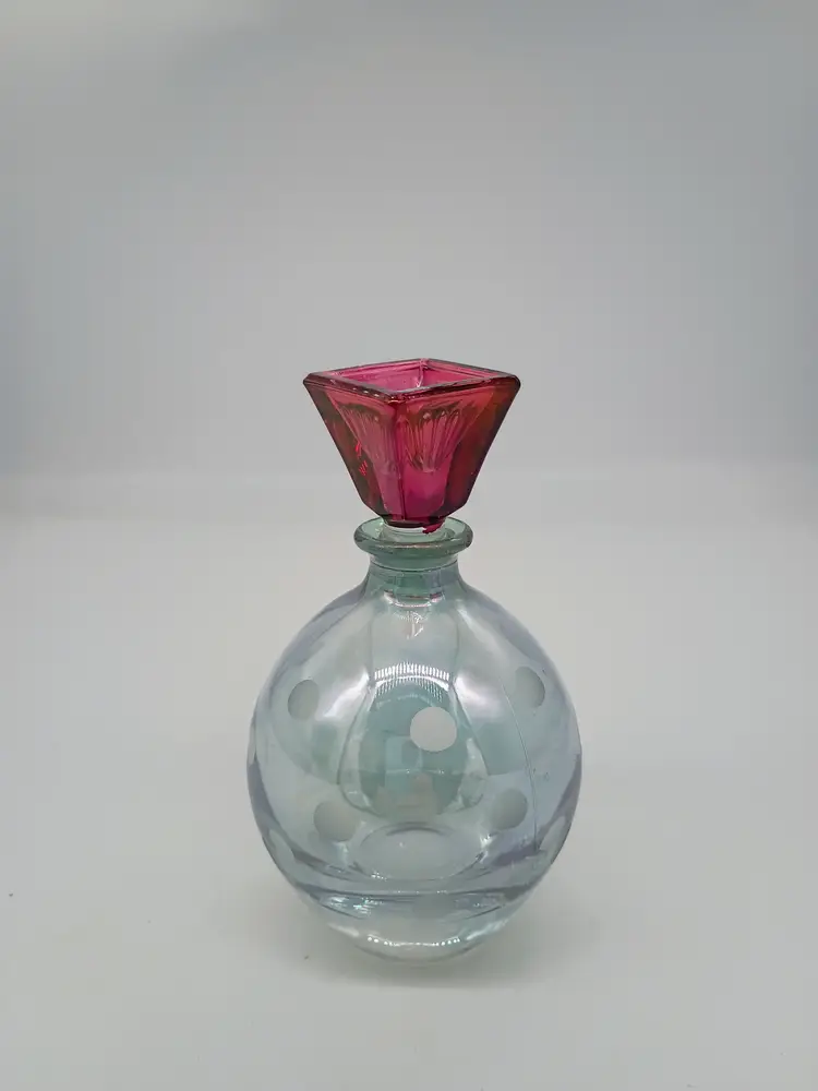 SC Line Crystal Italian Art Glass Etched Polka Dot Perfume Bottle Light Blue with Cranberry Red Stopper