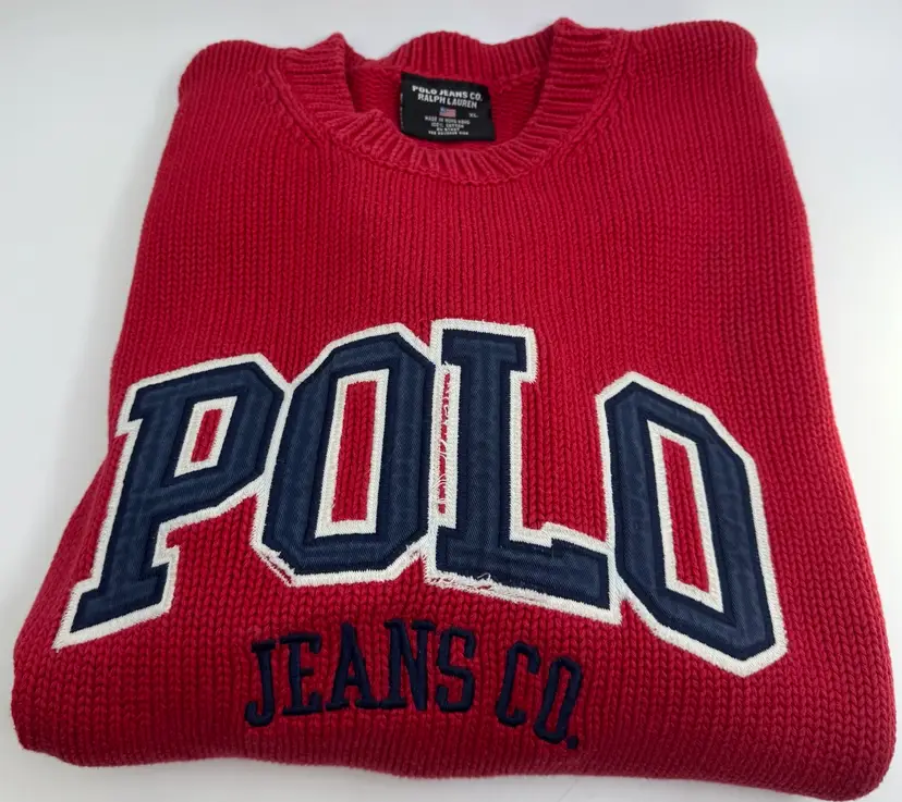 Distressed 90’s Ralph Lauren Polo Jeans Co Red Sweater Mens XL Crewneck DAMAGED