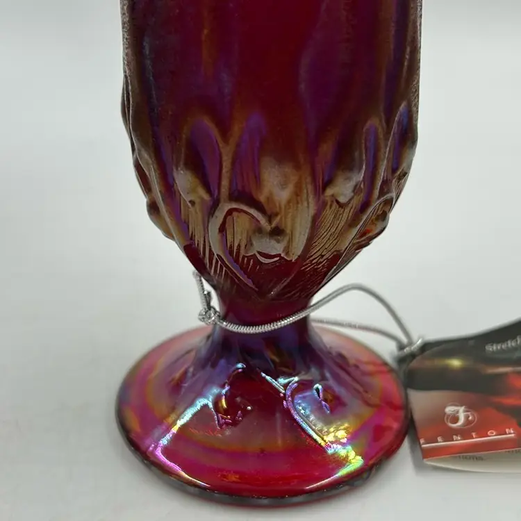 Vintage Fenton Iridescent Crackle Amberina Stretch Handkerchief Vase Lily Of The Valley Design. Signed Susan K. Fenton 03’ 7.75” T