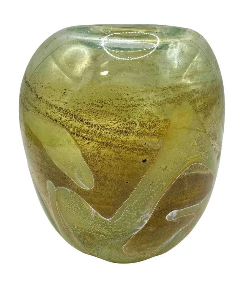 Hand Blown Art Glass Vase Green Brown Gold Translucent 3.75”