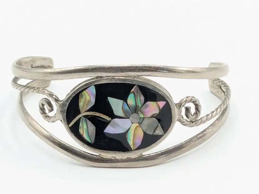 Vintage Abalone Inlay Flower Cuff Baby Bracelet Silver Tone Mexico