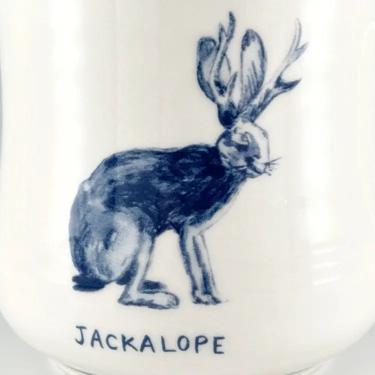 Molly Hatch Anthropologie Jackalope Mug, Blue on Cream Stoneware, 16oz Coffee Cup
