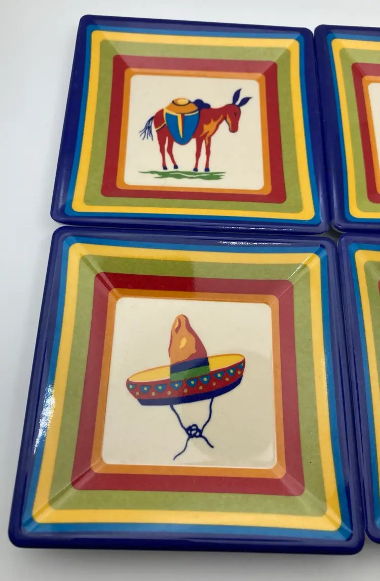 Trinket Dish Set!  Just Under 4”! Beautiful Colors! Donkey, Cactus, Sombrero, Vase! No Chips Cracks Or Crazing!