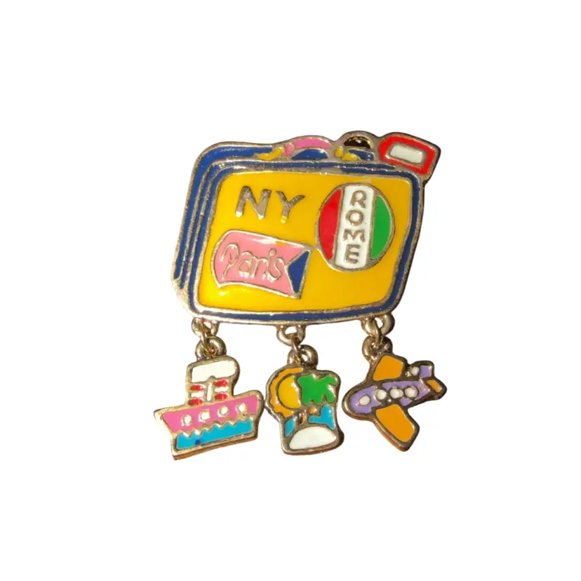 Vintage Collectible NY Paris Rome Suitcase Colorful Pinback Lapel Brooch