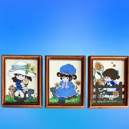 (3)-Mid Century Reverse Painted On Glass Pictures Girl Flowers Kitten Puppy Butterfly Local Artist