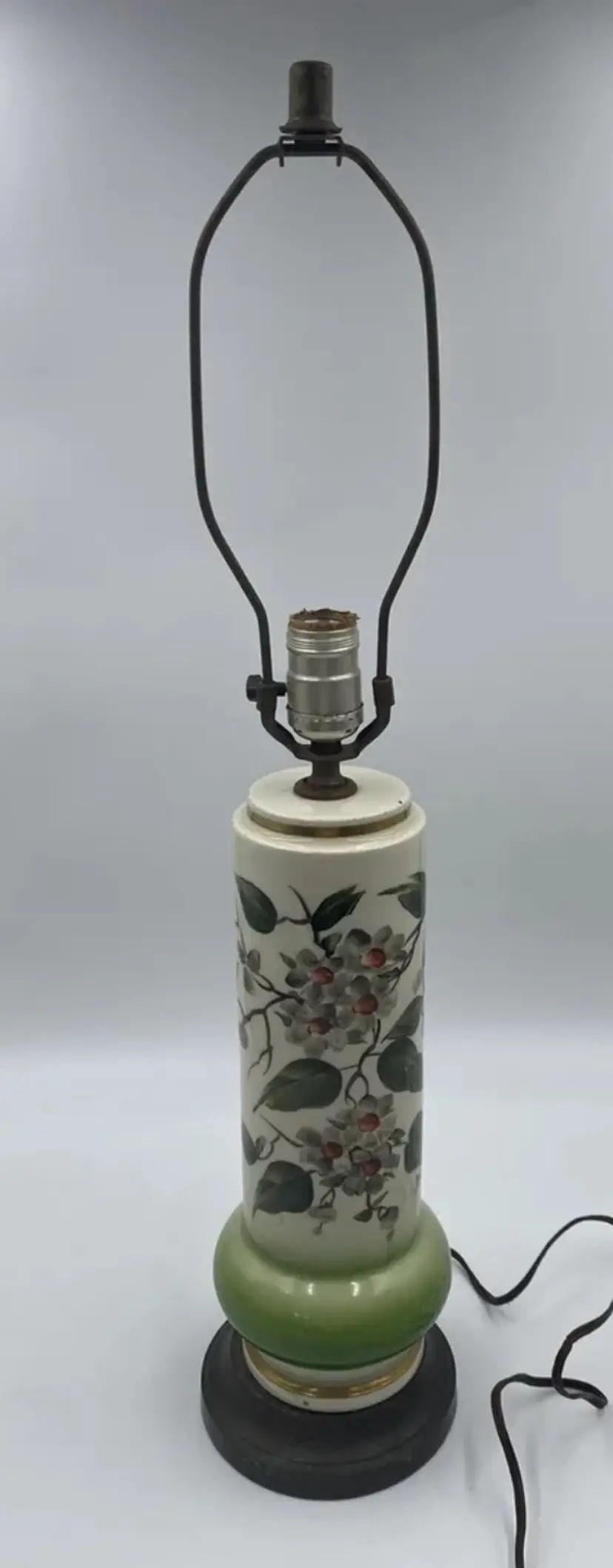 Signed Hand Painted Green White Floral Cylinder Ceramic Lamp Original Finial
