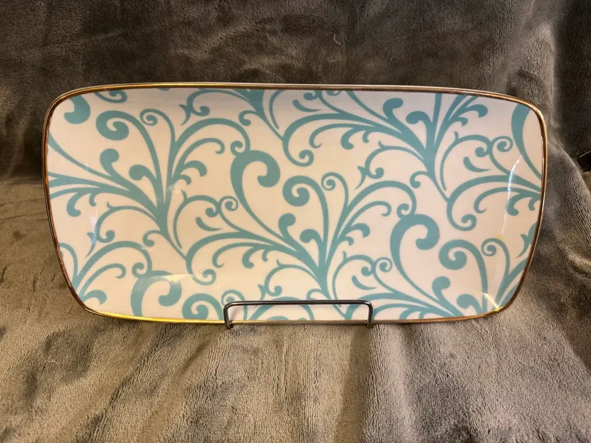 Teal Blue With Gold Rim Decorative Vanity Trinket Dish Tray Plate 12” X 6” EUC