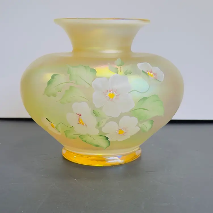 #1276 Fenton, Yellow Frosted Iridescent Hand Painted Flowers Flare Rim Vase Bowl