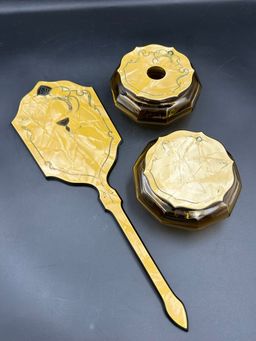 Vintage 1920s Amber glass and celluloid, lucite art deco, vanity, containers, and hand mirror