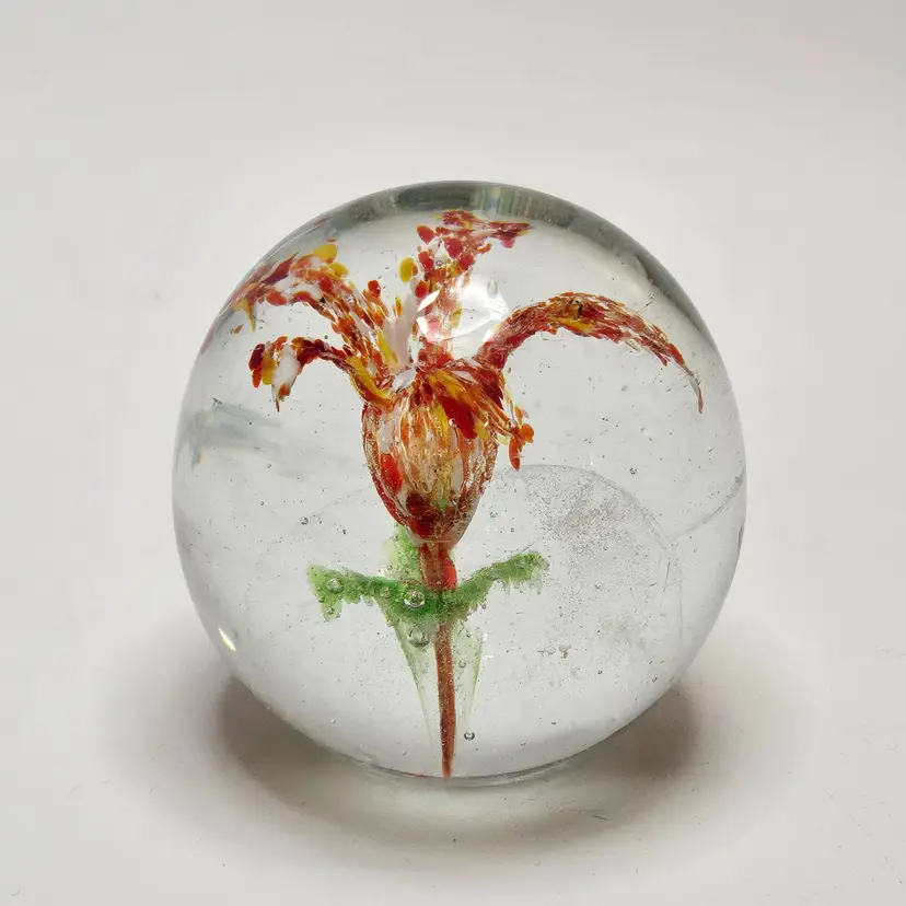 Vintage Art Glass Paperweight Orange Red Flower Green Leaves Felt On Bottom