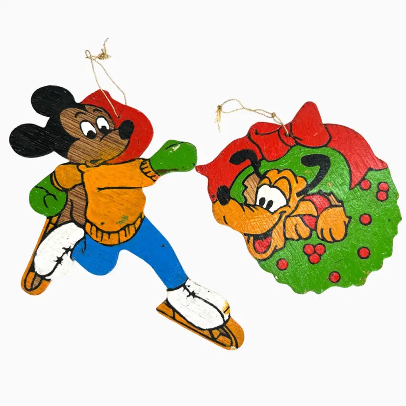 Disney Mickey Mouse & Pluto Wooden Hand-Painted Christmas Cut Out Ornaments. Golden Thread For Hanging.