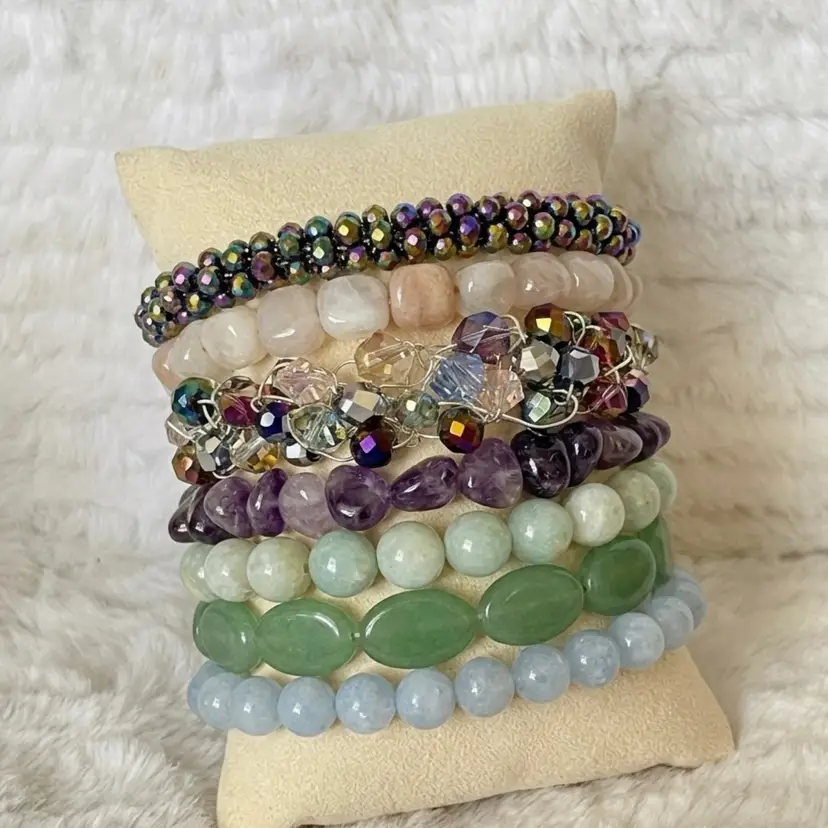 Natural Stone & Crystal Stretch Bracelet Lot Boho Stack Bundle Amethyst Rose Quartz Aventurine