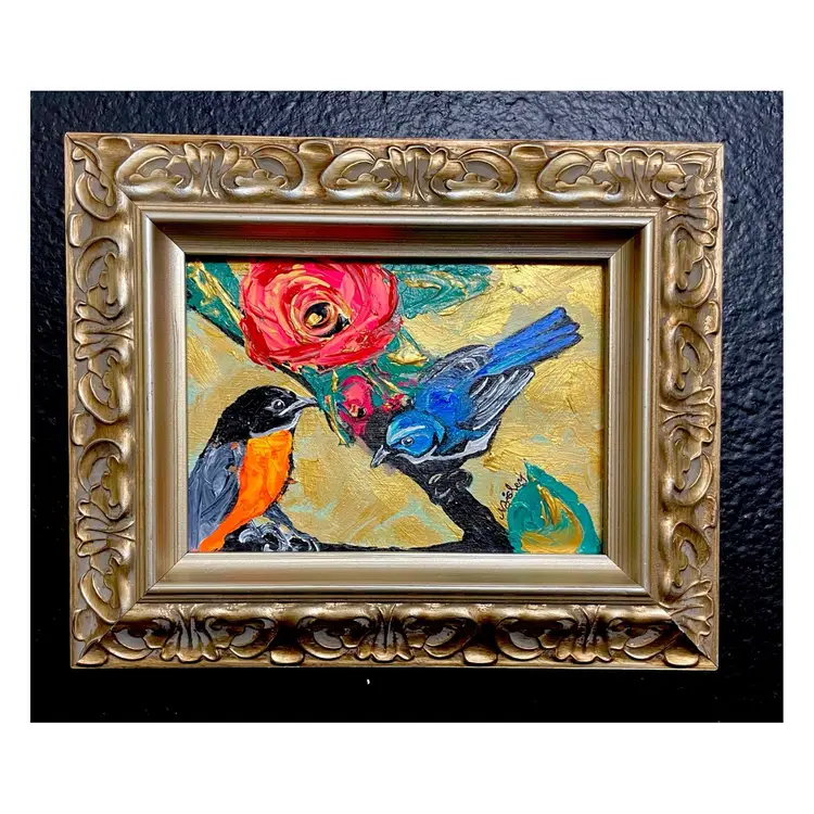 Morning Chat
Original Acrylic Painting 7”x5” In 
Beautiful Preloved 10”x9.5” Frame
Bird Art