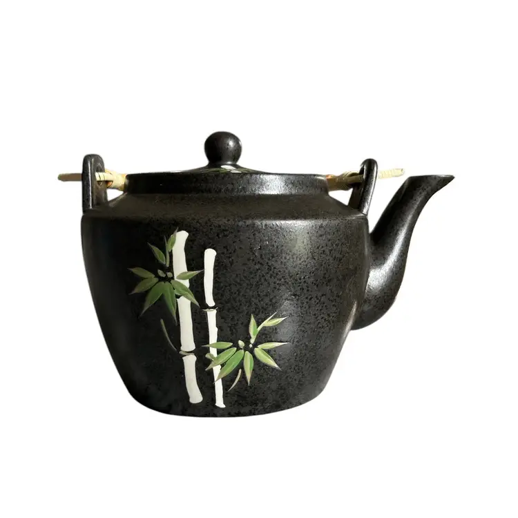 Ceramic Dobin Black Teapot Kettle with Rattan Handle and Strainer 60 Oz