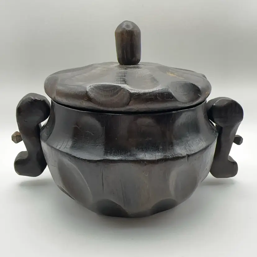Vintage Spanish Brutalist Hand-Carved Round Wooden Box With Lid