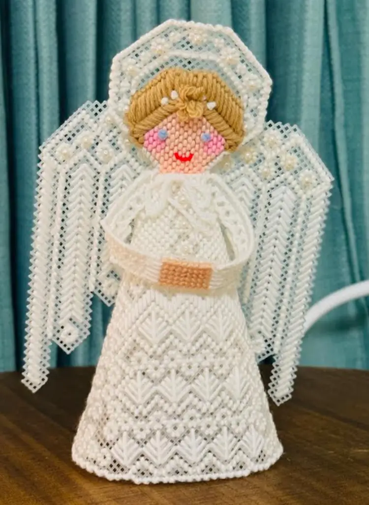 VTG Angel Christmas Tree Topper White Needlepoint Plastic Canvas Handmade 12 in