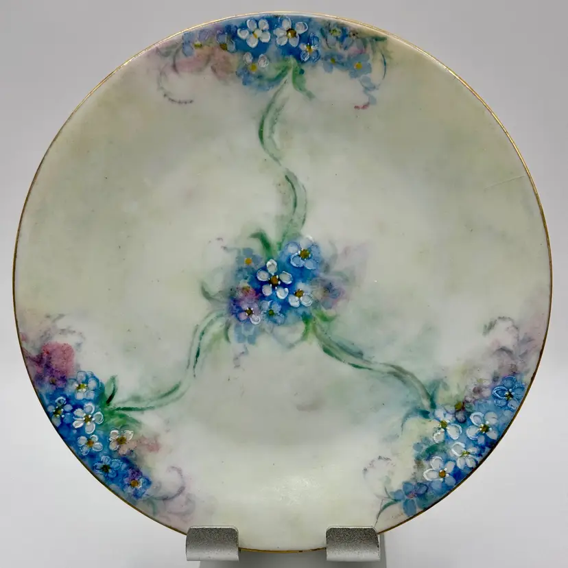 Vintage 1930 Hand-Painted By Helynn Jones Landis, Floral Porcelain Trinket Dish Saucer, Pastel Forget-Me-Nots, Gold Rim Accent, Collectible Display, By Crown Lion Ivory, Hutschenreuther Selb, Made In Bavaria, Germany