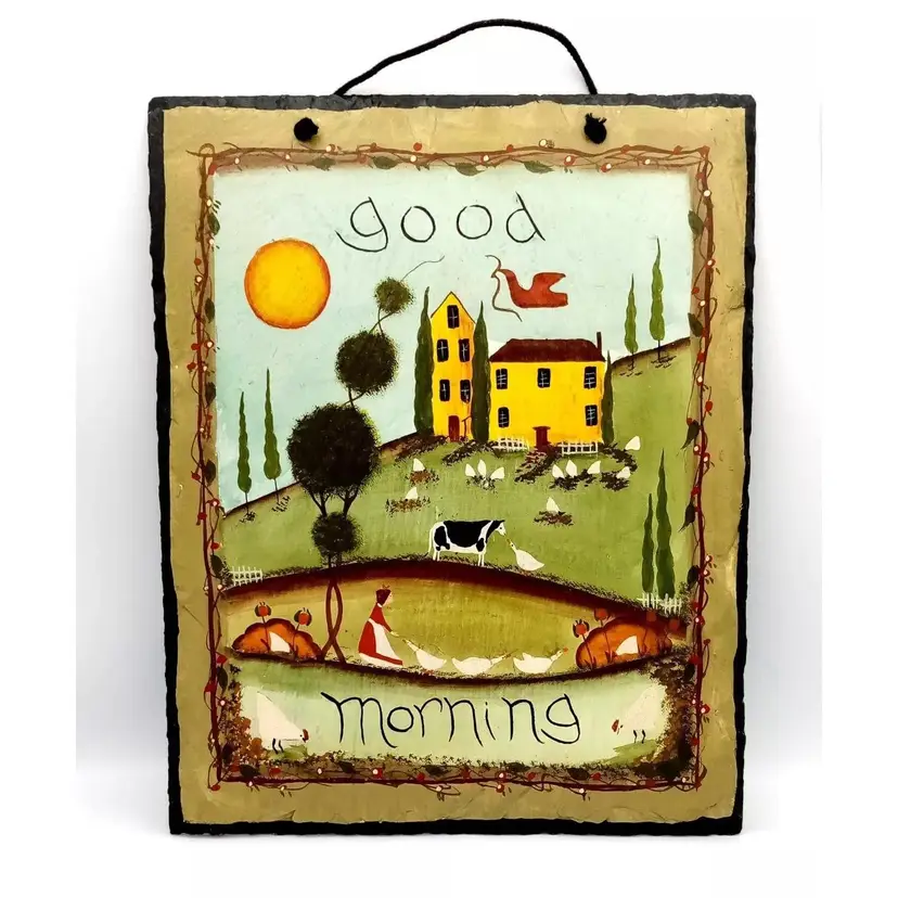 Hand-Painted Slate Tile Good Morning Plaque Evergreen Barbara Chiantia Art