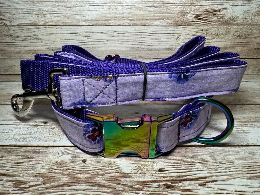 Dog Collar & Leash Purple Butterfly & Pansy Flower Print Large Handmade Heavy Duty Iridescent Metal Buckle NEW