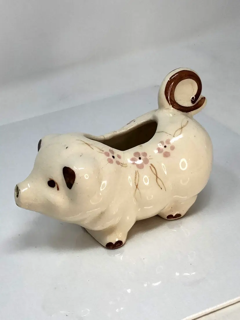 Pottery Pig Cream Pitcher with Pink Posies