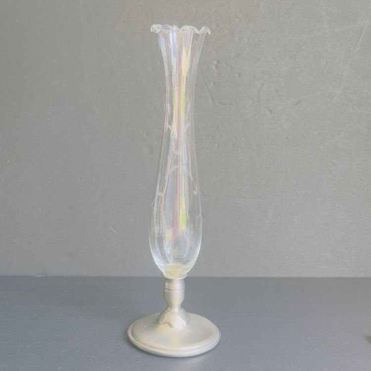 #1220 Vintage Empire Etched Clear Glass Weighted Pewter Bottom Base 11 Inch Tall #793, Single Flower Vase