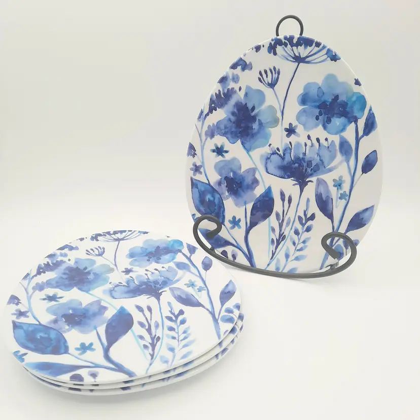 Rachel Roy Blue White Floral Egg Melamine Plates Easter Spring Set of 4