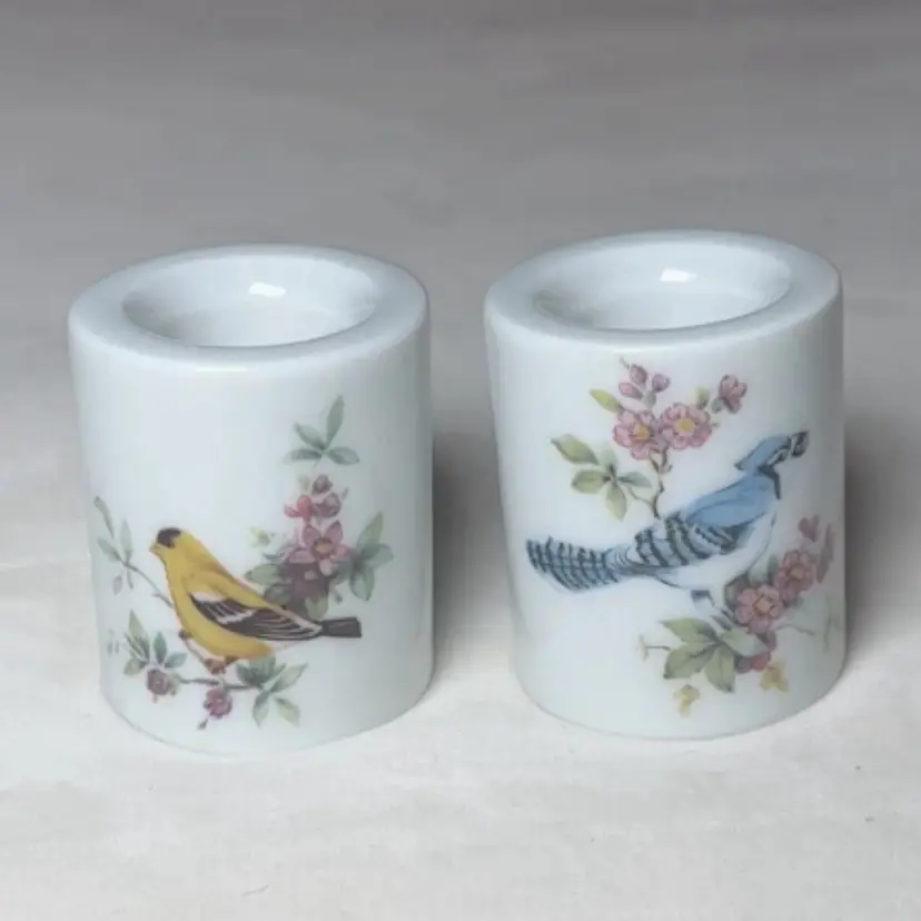 Set Of 2 Vintage German Porcelain Candle Holders Blue & Yellow Bird