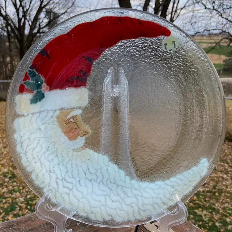Peggy Karr, Fused Glass Plate, Christmas Crescent Moon Santa Claus. Artist Signed. 11.25”.