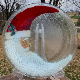Peggy Karr, Fused Glass Plate, Christmas Crescent Moon Santa Claus. Artist Signed. 11.25”.